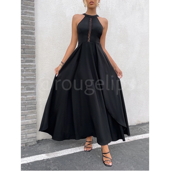 Black Elegant Maxi Dress Lace Halter Neckline Zip Back Flared Long Leg Slit - Picture 2 of 8
